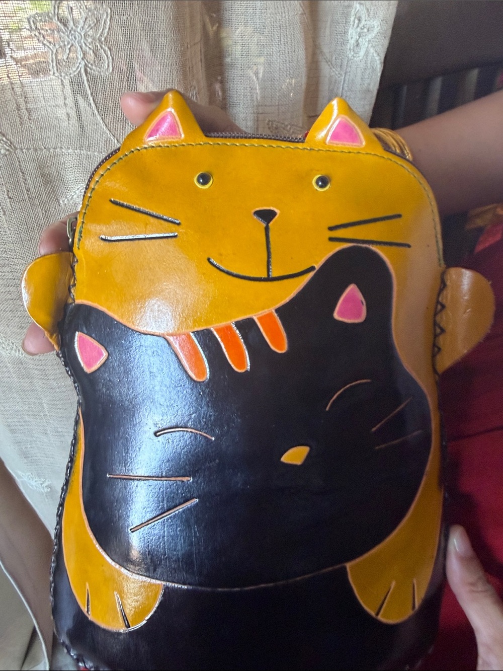 Leather Yellow and Black Cat Crossbody Bag - Cute Cat Design